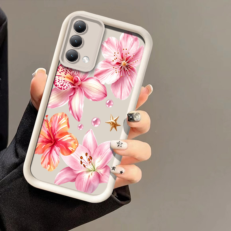 Realme C67 - ピンクのユリ柄とライチの質感を再現した、OPPO Realme C100i、C85 Pro、C75、C73、C71、C65、C67、C63対応の耐衝撃シリコン製スマホケース。