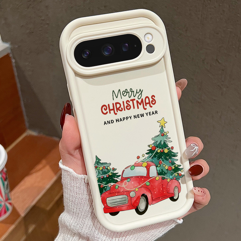 Google Pixel 9 - Google Pixel 10 Pro、8A、7a、9A、10、9 Pro XL対応、クリスマス柄のピックアップトラックデザインのスマートフォンケース。Pixel
