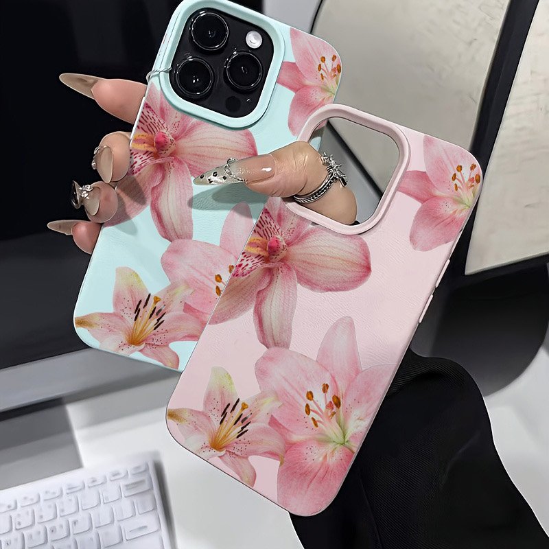 ピンクのユリとライチのテクスチャ柄のスマホケース、Samsu - Samsung Galaxy A55 のレビューと価格